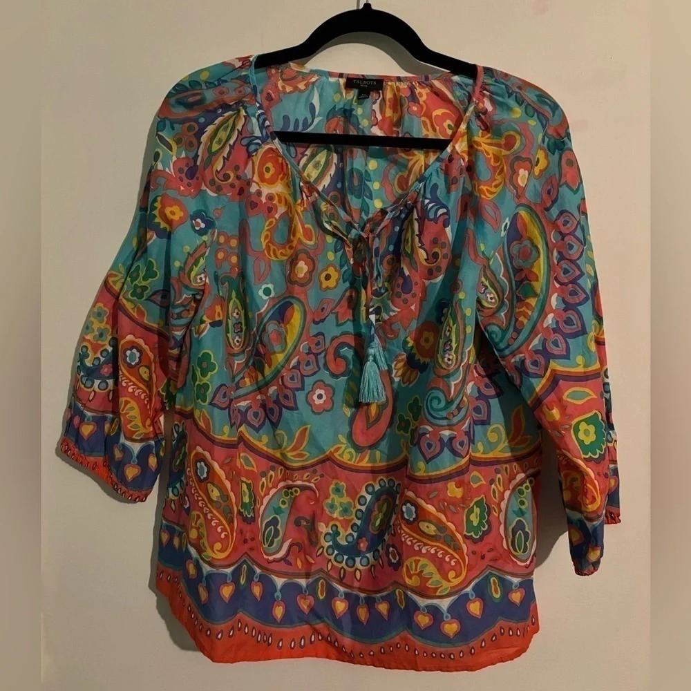 Talbots Womens Petite Large Fiesta Paisley Tassel Popover Bohemian Loose Fit